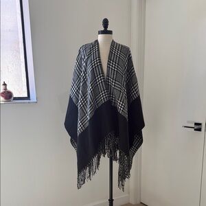 Black and Gray Plaid Fringe Poncho